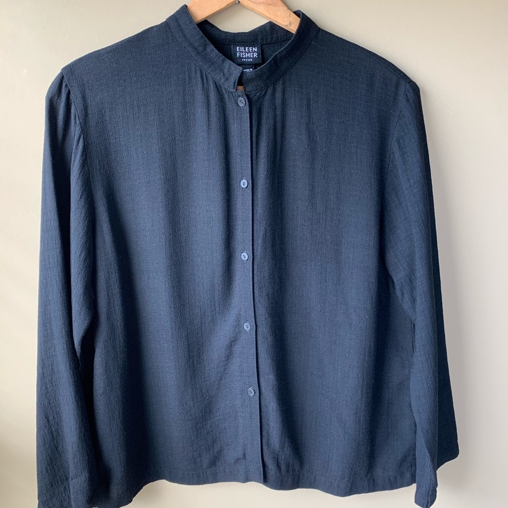 Eileen Fisher Mandarin Collar Black Linen Blend
